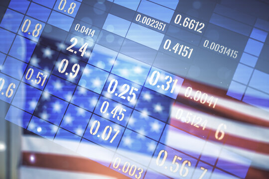 Double exposure of abstract creative statistics data hologram on US flag and blue sky background, analytics and forecasting concept - Powered by Adobe