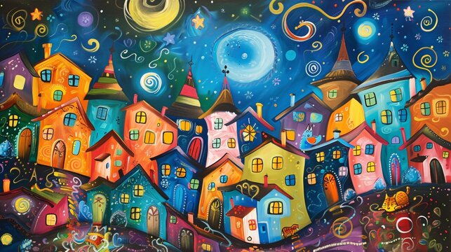 Nighttime Cityscape with Colorful Houses and a Starry Sky Generative AI