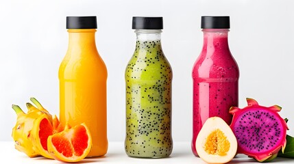  Three bottles of exotic fruit juices with black caps, including dragon fruit, guava, and lychee,...