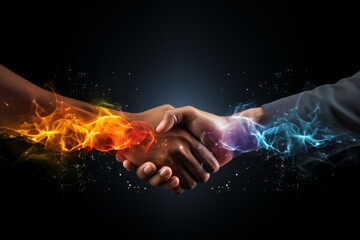 a rainbowcolored wire frame depicts a handshake it is placed on a background of white numbers running forward in a dynamic sequence