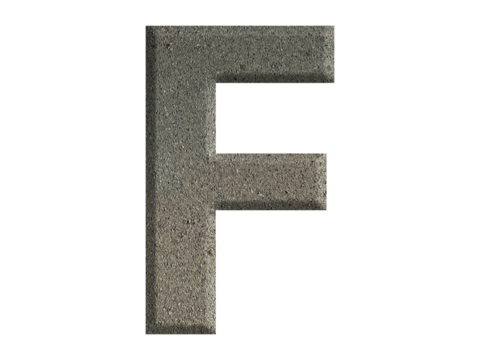 The shape of the letter F is made from cement, isolated on transparent background, PNG