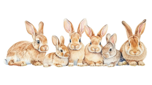 Group of cute rabbits,watercolor rabbits isolated on transparent and white background.PNG image