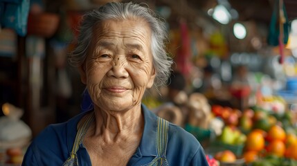 Friendly Elderly Thai Woman Smiling at Market - obrazy, fototapety, plakaty