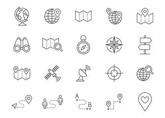 Location line icon set. Map pin, gps, route, distance marker, compass, satellite dish, wind rose outline vector illustration. Simple linear pictogram for navigation. Editable Stroke