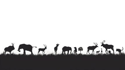 Silhouette of various wild animals separated isolated on transparent and white background.PNG image