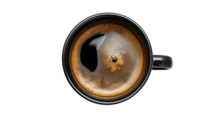 Top-down view of black coffee in a glass isolated on transparent and white background.PNG image