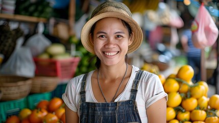 Friendly Asian Woman Selling Fruits at Outdoor Market - obrazy, fototapety, plakaty