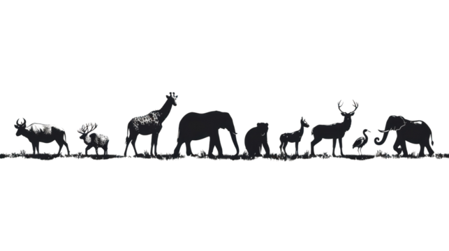Silhouette of various wild animals separated isolated on transparent and white background.PNG image