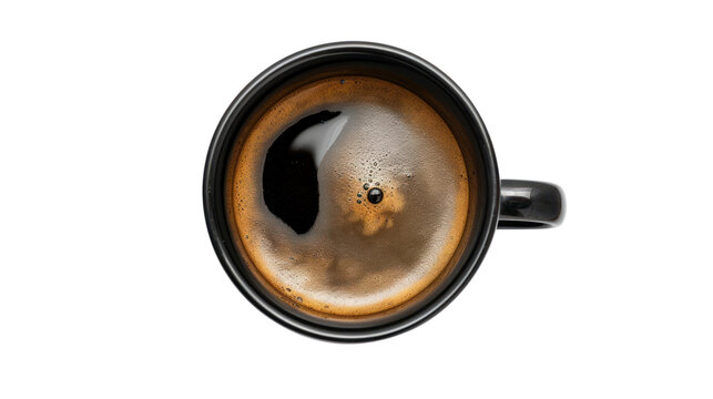 Top-down view of black coffee in a glass isolated on transparent and white background.PNG image