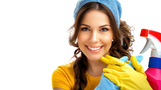 smiling lady cleaning looking at camera isolated on transparent and white background.PNG image