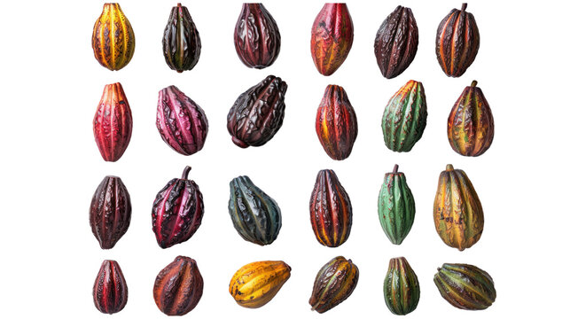 Variety of fresh cocoa pods isolated on transparent and white background.PNG image