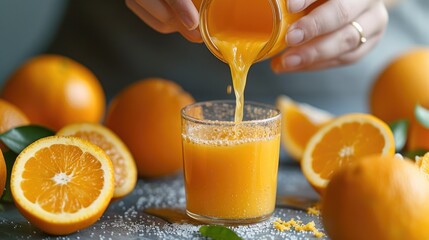 Fresh Orange Juice Being Poured in a Glass - obrazy, fototapety, plakaty