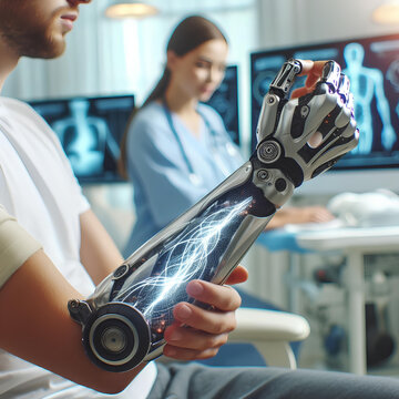 patient tries on bionic prosthetic arm isolated on blurred clinic background