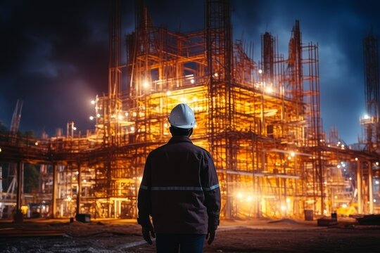 rear view of professional engineer manager standing concentrate focus multi exposure with building construction industry background construstion