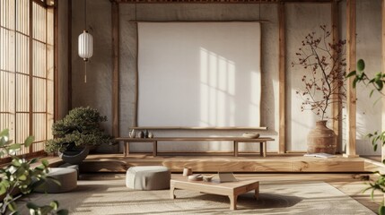Old wooden frame mockup in japanese farmhouse living room interior, 3d rendering. Generative Ai - obrazy, fototapety, plakaty