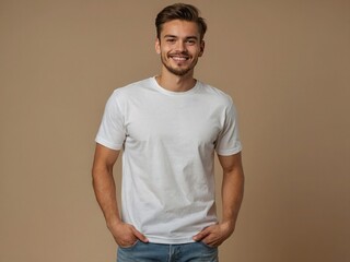 Man wearing white shirt isolated background. Design t-shirt template, print presentation mock-up