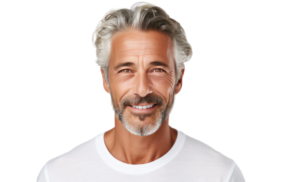 Gray Haired Man in White T Shirt. Gray Haired Man in White T Shirt on a White or Clear Surface PNG Transparent Background.