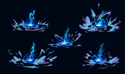 Lightning hit ground or floor with burst vfx effect. Cartoon vector illustration set of thunder bolt with flash and blue energy light. Power electric strike with ray and smoke clouds for game design. - obrazy, fototapety, plakaty