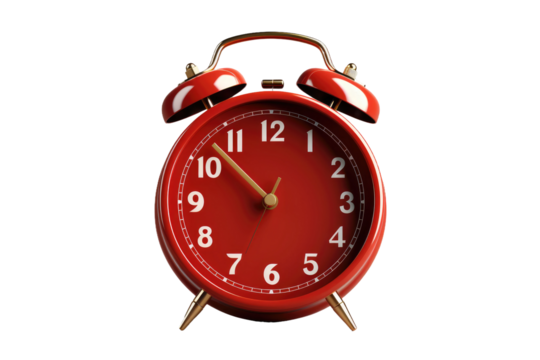 Red Alarm Clock. A red alarm clock sits on a white background, displaying the time. on a White or Clear Surface PNG Transparent Background.