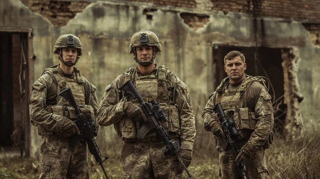 Soldiers in gear standing before a ruin.