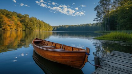 Calm Lake with Wooden Boat at Sunrise