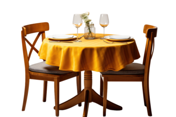 Table With Two Chairs and a Yellow Tablecloth. A table with two chairs and a yellow tablecloth set for a meal in a simple and inviting setting. on a White or Clear Surface PNG Transparent Background.