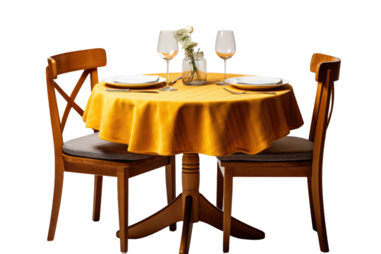 Table With Two Chairs and a Yellow Tablecloth. A table with two chairs and a yellow tablecloth set for a meal in a simple and inviting setting. on a White or Clear Surface PNG Transparent Background.