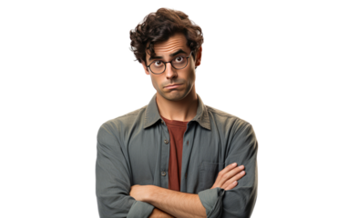 Man With Glasses Standing With Arms Crossed. A man wearing glasses stands confidently with his arms crossed, projecting a sense of self-assurance.