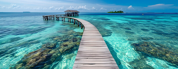 old wooden bridge A long walkway leads to a house in the middle of the sea, AI Generated - obrazy, fototapety, plakaty