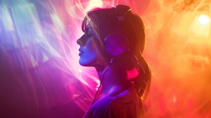 A bright multi-colored image of a woman wearing headphones in a nightclub. Modern pop music, female DJ.