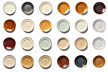 Group of Different Colored Plates. A collection of plates with various colors arranged on a white surface, creating an eye catching display. on a White or Clear Surface PNG Transparent Background.