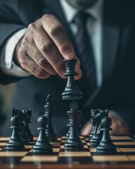 Businessman moving chess piece on chess board game