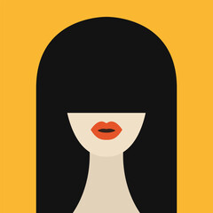 Portrait of brunette woman with long bangs hair. Avatar people icon for social networks. Cute cartoon character. Beautiful girl face with red lips. Female head. Flat design. Yellow background.