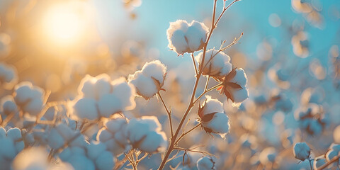 A cotton plant field cotton balls blue sky sunlit light blurred background Closeup of cotton balls on a branch in a sunshine rays on the summer field  Cotton Ready to Harvest extreme. - obrazy, fototapety, plakaty