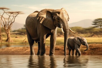 Fototapeta na wymiar Elephant with baby elephant drinking water