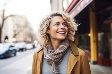 Fototapeta premium Portrait of a beautiful young woman with curly blond hair in the city.