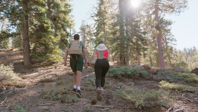 A couple hikes hand-in-hand along a beautiful forest trail on a sunny day, symbolizing shared adventure and companionship. Slow Motion, 4K RAW. 