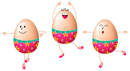 Cute cartoon Easter eggs characters dancing. Happy Easter concept, illustration