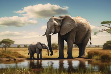 Elephant with baby elephant drinking water