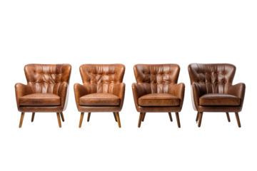 A Set of Four Brown Leather Chairs. This photo features a set of four brown leather chairs arranged in a neat formation in a room. on a White or Clear Surface PNG Transparent Background.
