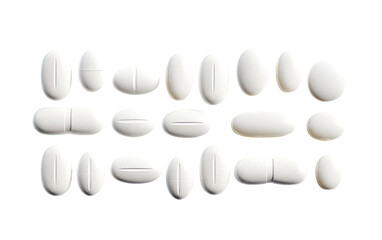 Group of White Pills Stacked on Top of Each Other. Several white pills arranged in a stack, creating a vertical composition. on a White or Clear Surface PNG Transparent Background.