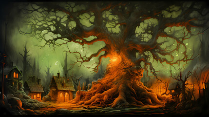 Magical dark fairy tale forest at night with old scary tree