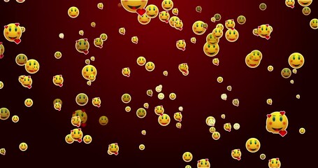 4K growing falling emojis and icons background with particle animation. Growing falling emojis and icons for all social media on a red background. Easy to use in any video. 
