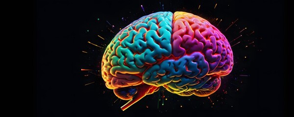 a colorful brain with two halves on a black background . High quality
