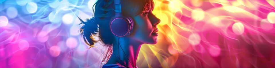 A bright multi-colored image of a woman wearing headphones in a nightclub. Modern pop music, female DJ.