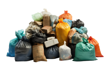 A Pile of Garbage Bags in a Row. A row of garbage bags sitting next to each other, waiting to be collected for disposal. on a White or Clear Surface PNG Transparent Background.