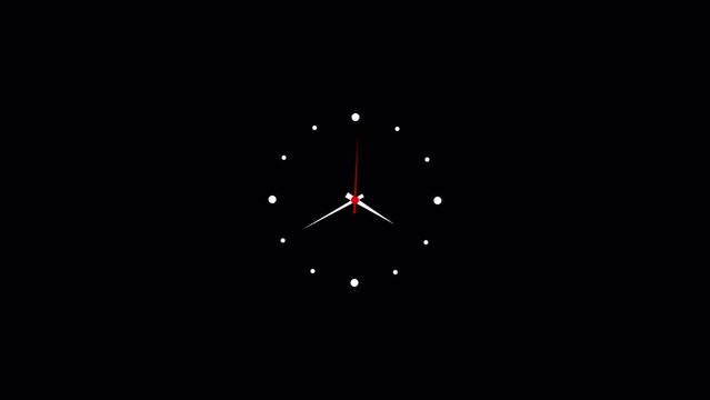 Round analogue wall clock with rotating animated needle on alpha channel, Round analogue clock with moving hands on a transparent background