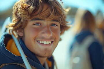 A Happy 14-year-o man student in the foreground, standing in a field hockey field, holding a hockey stick, and wearing a sports uniform. smiling with a happy expression looking at camera morning light