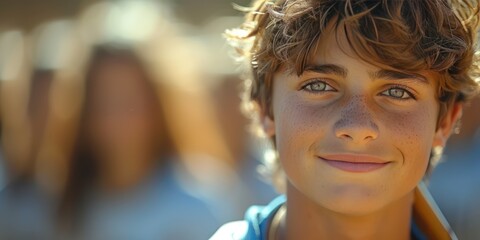 A Happy 14-year-o man student in the foreground, standing in a field hockey field, holding a hockey stick, and wearing a sports uniform. smiling with a happy expression looking at camera morning light