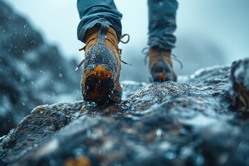 Hiking man up to mountain trail with a close-up of his leather hiking boots, The hiker shown in motion